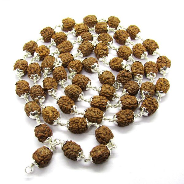 3 Mukhi Indonesian Rudraksha Mala 54 Beads In Silver (12mm-14mm)