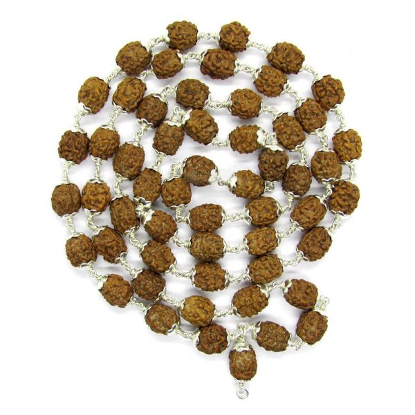 3 Mukhi Indonesian Rudraksha Mala 54 Beads In Silver (7mm-9mm)